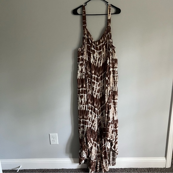 Cato Brown and Cream Tie Dye Sleeveless Ruffled Hem Jumpsuit - Picture 1 of 7